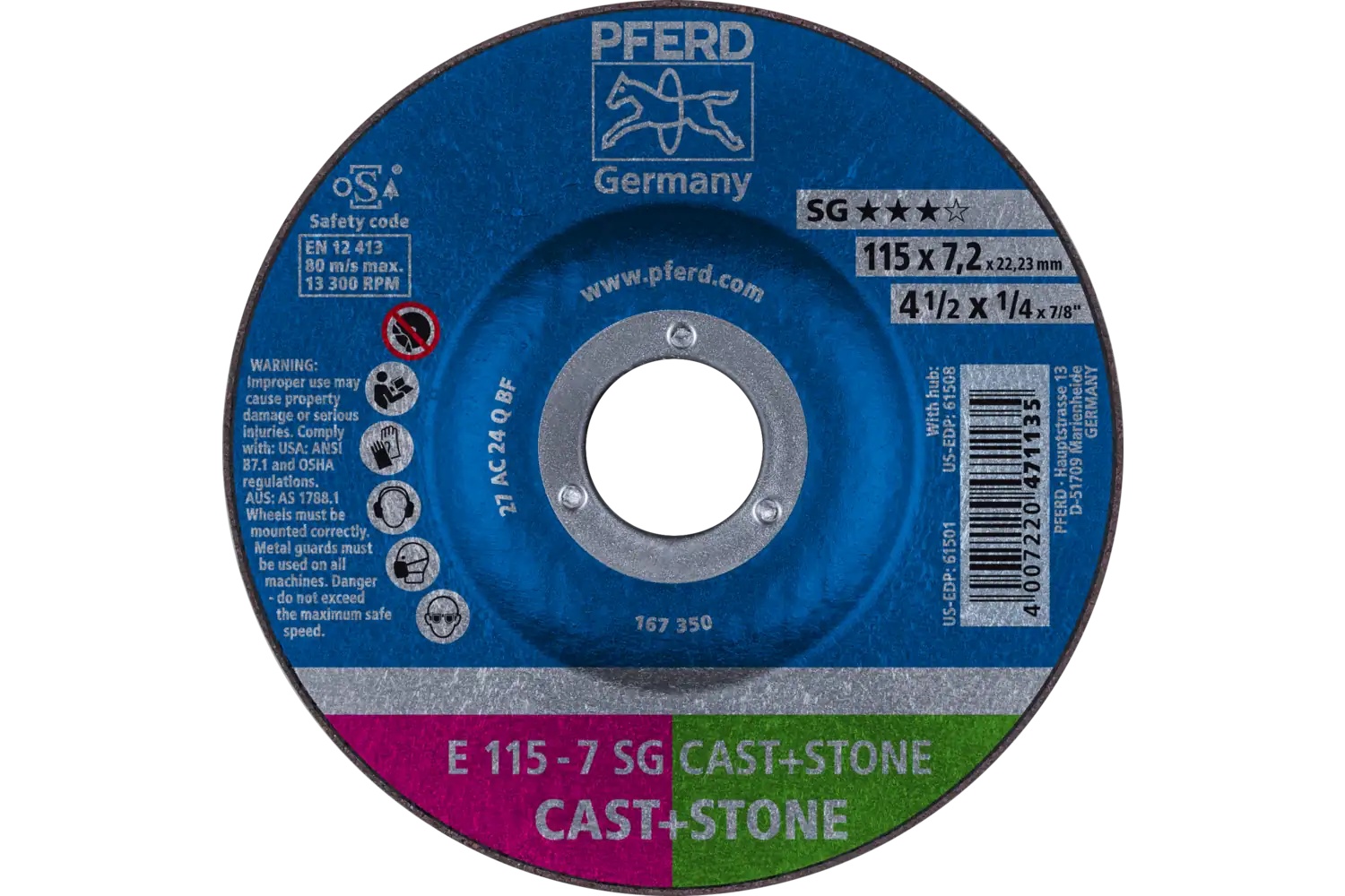 Picture of Pferd Grinding Wheel, 4-1/2" X 1/4 X 7/8, Sg Cast+Stone, T27, Ao, Sic